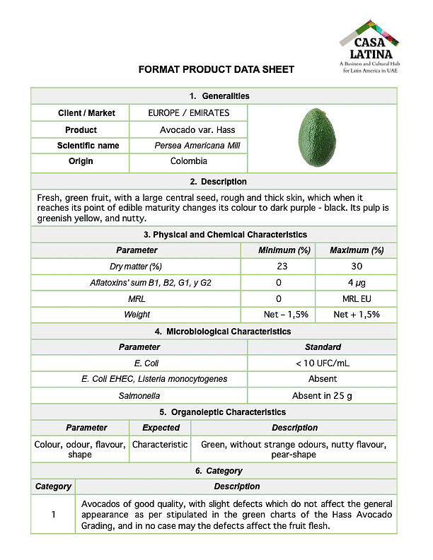 Data sheet of Avocado Aguacate Palta page 1